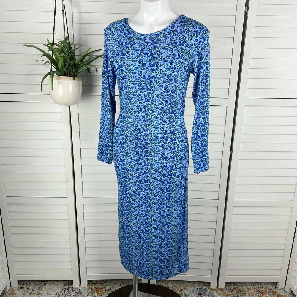 J Peterman Blue Floral Secret Keeper Dress Ruched Long Sleeve Lined Knit Size S